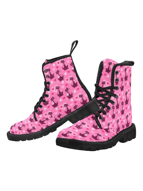 Retro Love Cats Women's Lace Up Canvas Boots