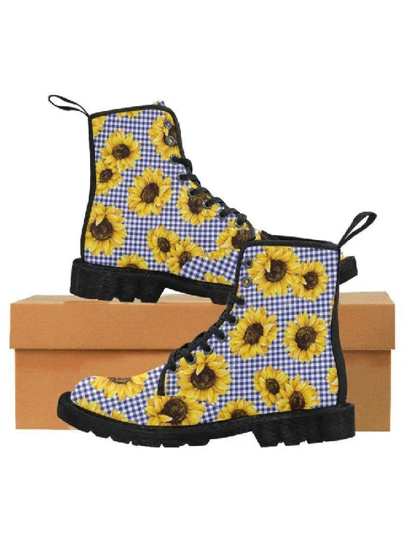 SUNFLOWERS GINGHAM Women's Lace Up Canvas Boots