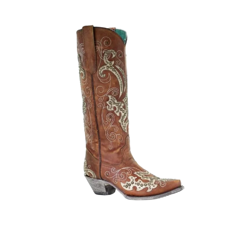 Corral Women's Overlay Embroidery Studs and Crystals Brown Boots